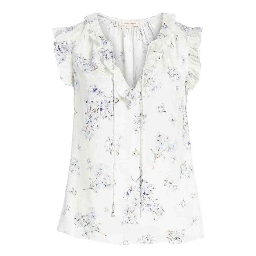 Rebecca Taylor Hydrangea Tie Neck Silk Top In Snow Combo Size 2 $275